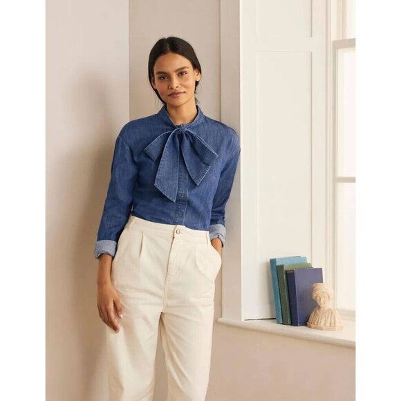 Boden Tops - BODEN Fiona Indigo Cotton Denim Tie Neck Button Down Shirt Top, Size 12